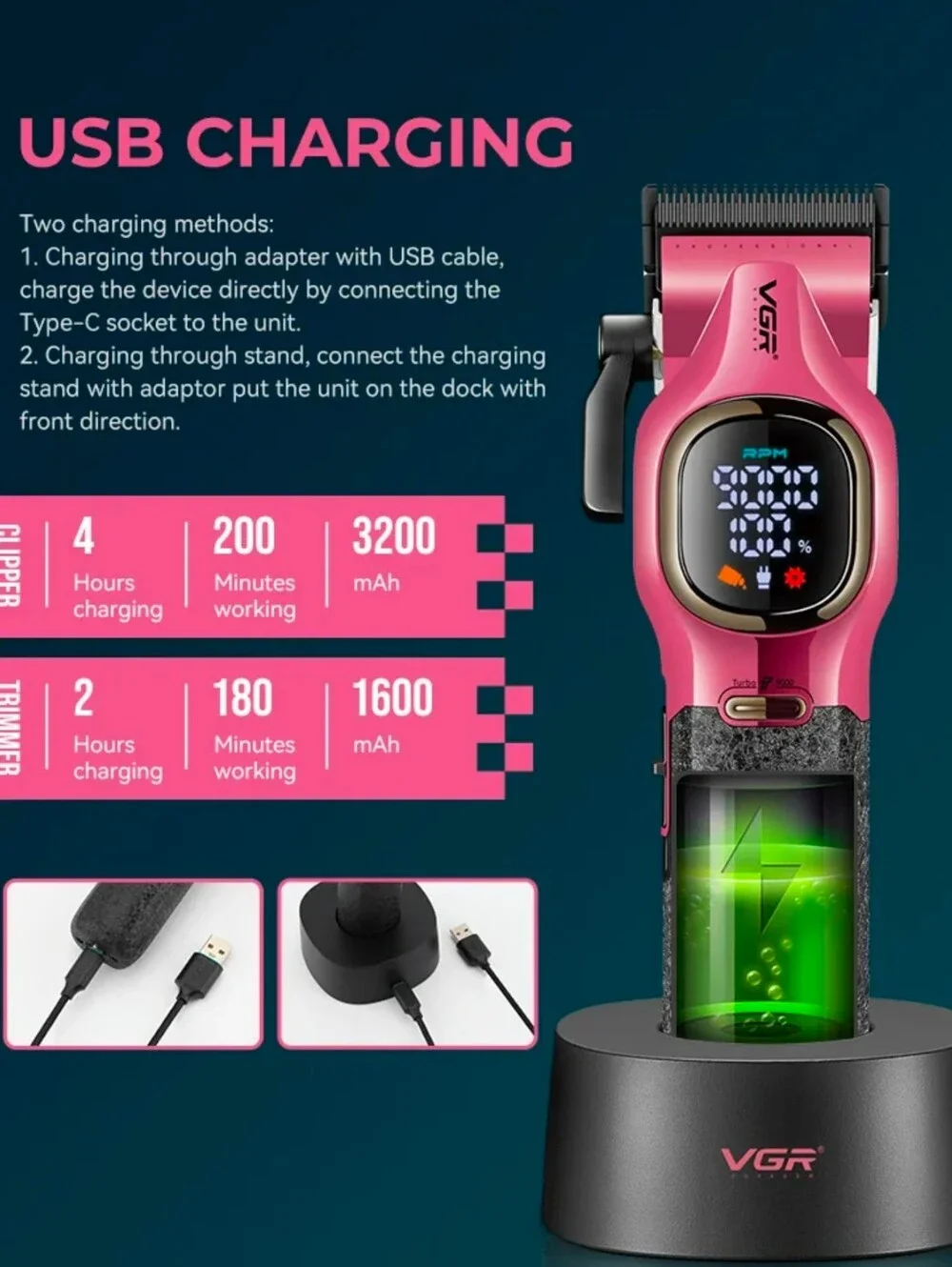 Cordless Hair Clipper with LED Display – Black with Teal Accents